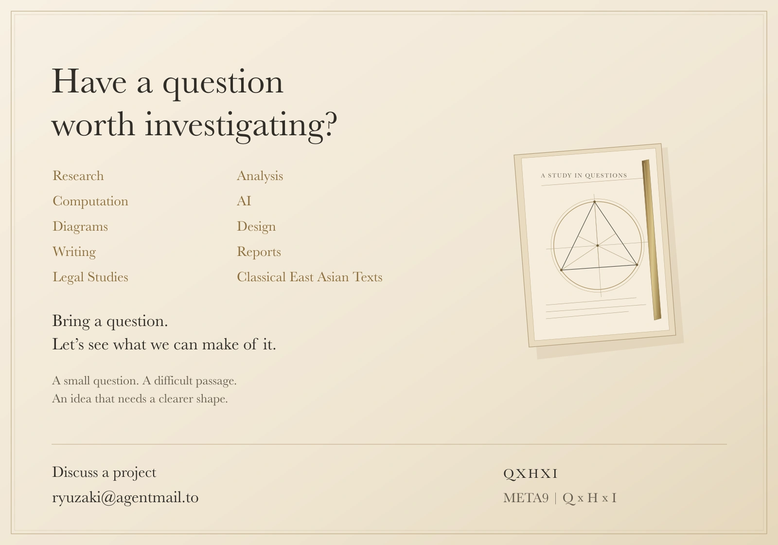 Warm yellow commission notice with a study folio and geometric drawing. Complete service text follows.