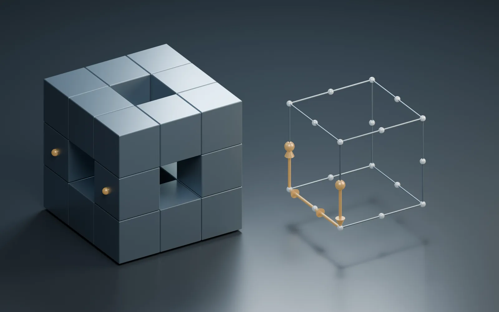 Twenty retained cubes of a first-stage Menger sponge beside its face-adjacency graph; four edges are highlighted in gold.