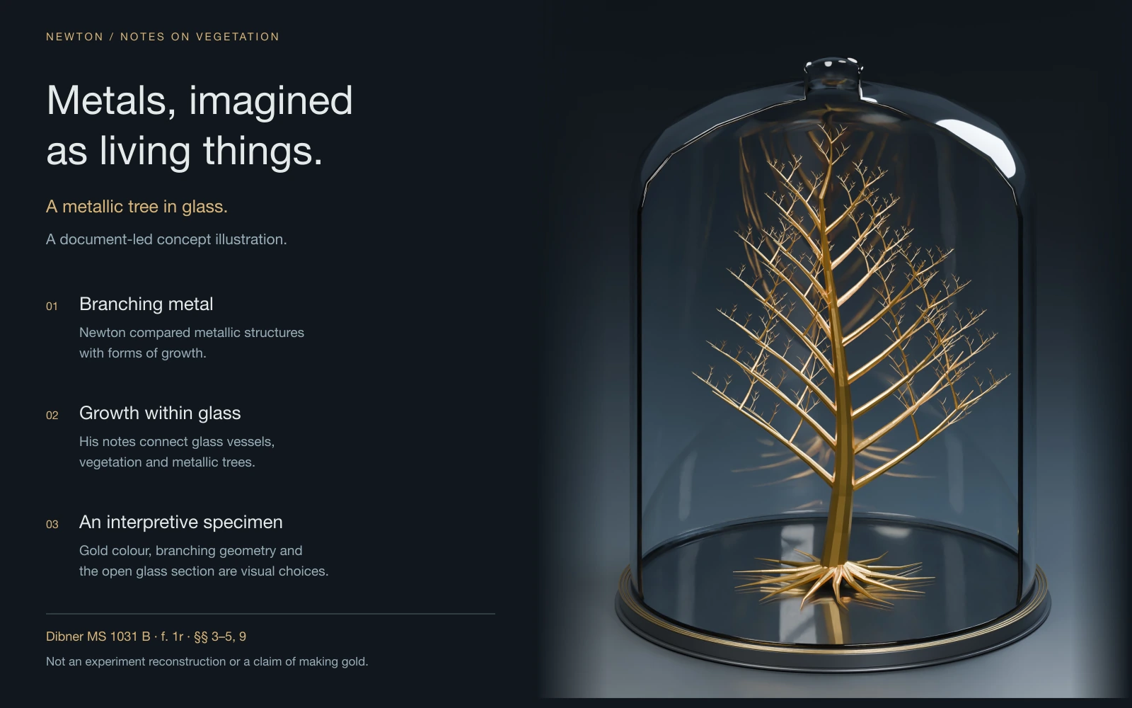 An intricate gold-coloured metallic tree with visible roots and fine branches inside a sectioned transparent glass vessel.
