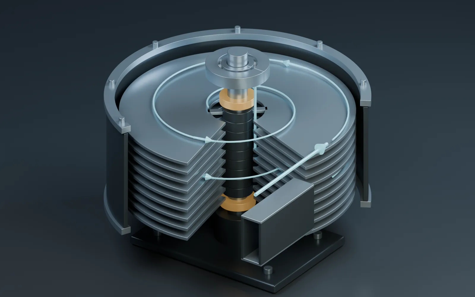 Cutaway illustration of a nine-disc turbine assembly with a shaft, bearings, housing, and blue flow-direction lines.