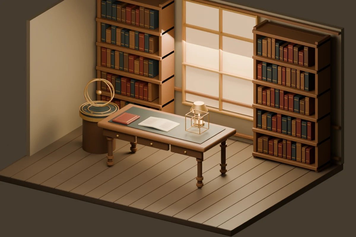 A warm walnut study, with book-lined shelves, a writing desk and a brass ring instrument by a tall window.