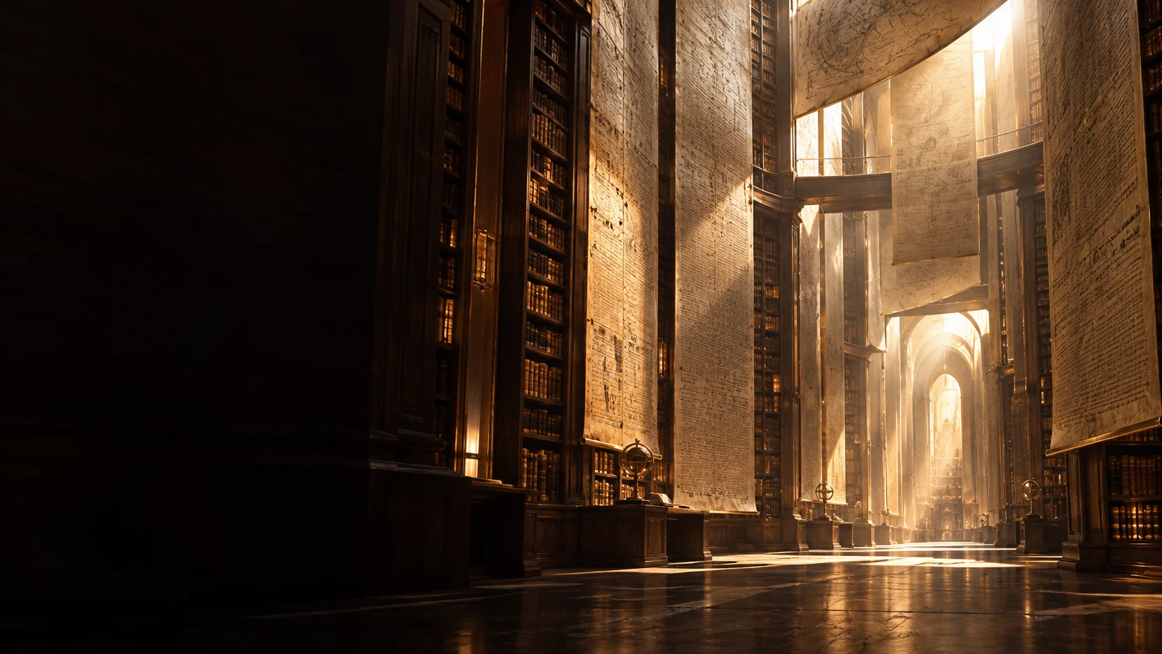 A warm, light-filled library hall with wooden shelves and suspended manuscript scrolls.